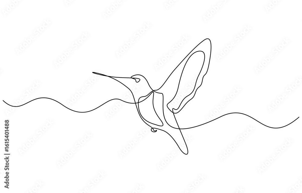 Poster continuous one line drawing of humming bird vector illustration. editable outline