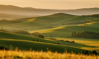 Serene Sunrise over Rolling Green Hills
