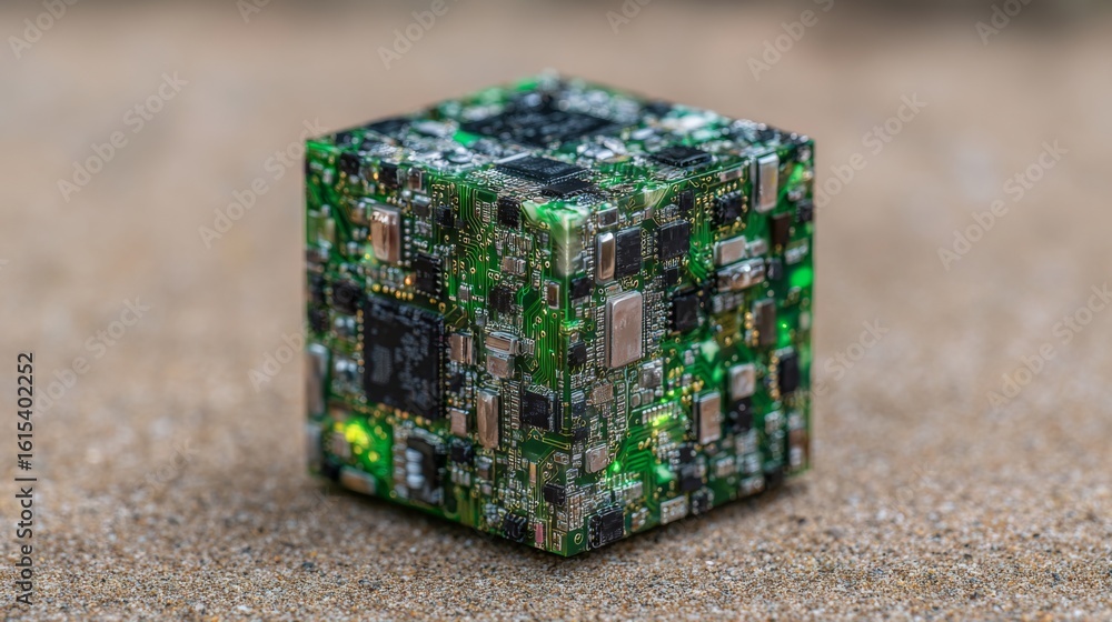 Poster intriguing levitating cube constructed from circuit board textures on a sandy surface