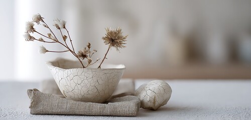 Wabi-sabi still life with cracked porcelain dried plant and linen base