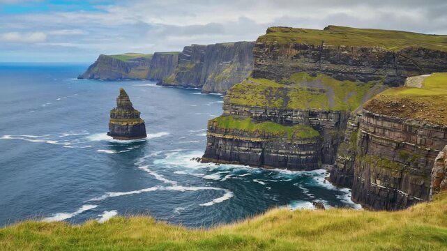 Highland cliffs above ocean in Scotland, breeze and cloud shadows