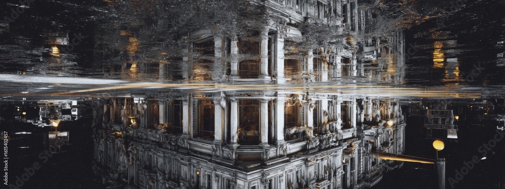 Poster Surreal Reflection of Architecture in Liquid Mirror Creating Alternate Realities in HDR Style Imagery