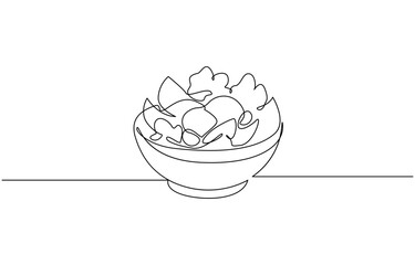 Continuous one line drawing of vegetables salad on bowl vector illustration. Editable outline
