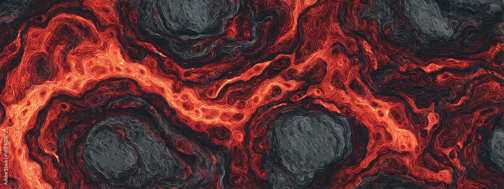 Poster detailed vector pattern of flowing hot lava and magma with textural variations reflecting natural ge
