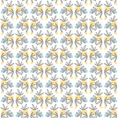 Modern seamless pattern featuring hand drawn linear leaves and abstract organic shapes in soft yellow and blue tones. Ideal for textile wallpaper packaging and creative design projects. 