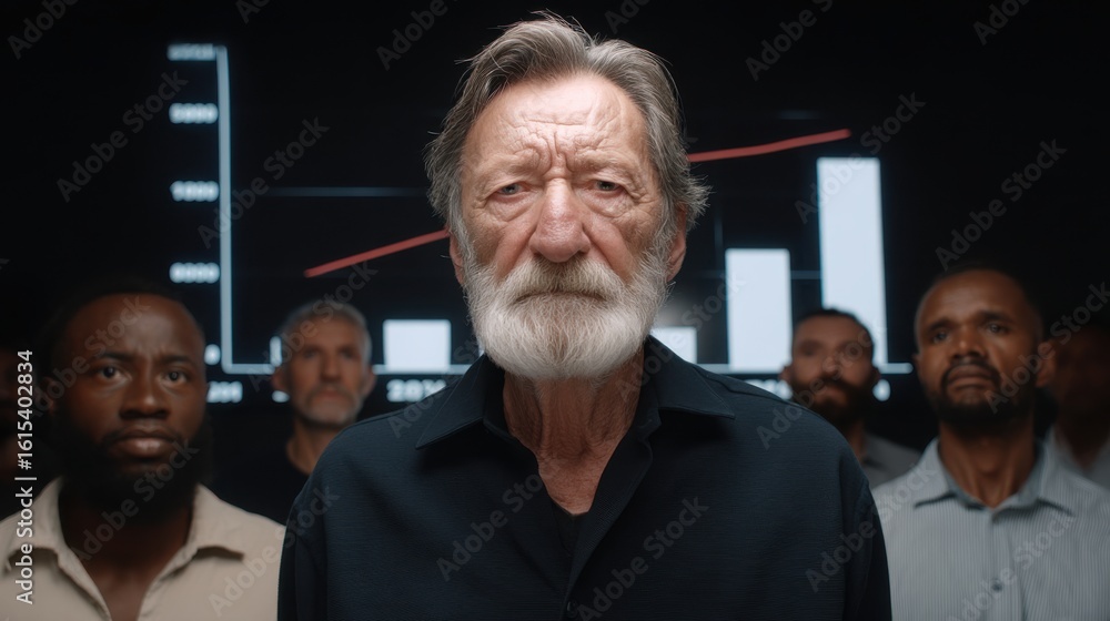 Aufkleber a senior man with gray hair and beard stands in front of a digital data display with a serious expre