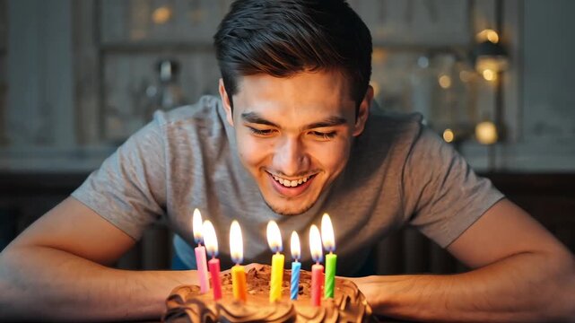 AI Generative Young man blowing out candles on cake, happy birthday celebration