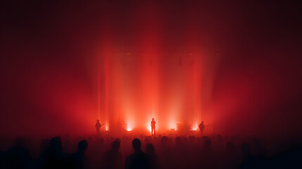 A fog-drenched concert stage illuminated entirely in layered red lighting, microphone stand and instruments untouched. The crowd pulses around it in semi-darkness, eyes locked forward, creating an