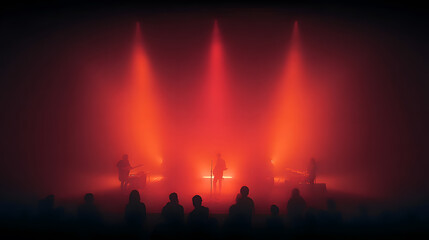 A fog-drenched concert stage illuminated entirely in layered red lighting, microphone stand and instruments untouched. The crowd pulses around it in semi-darkness, eyes locked forward, creating an