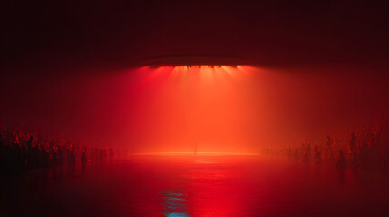 The spotlighted red stage sits silently in the center of the image, framed by intense audience energy. The crowd surrounds it like a tidal wave of shadows, waving hands and dim faces visible beneath