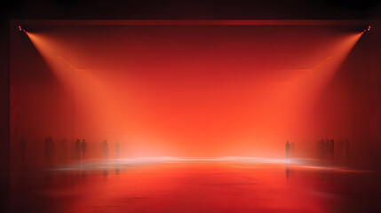 The glowing red stage lights reflect off the polished black flooring of a wide, elevated platform. Dozens of eager fans surround the area, their heads tilted upward, phones held high. Smoke swirls in