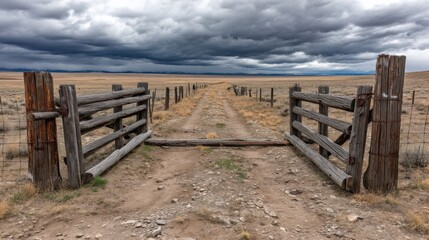 Fototapeta premium A dirt road passes through a rustic wooden gate in an open rural landscape under a cloudy sky