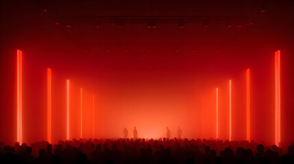 An empty stage framed with vertical arrays of red LED lights, glowing intensely in a fog-filled arena. The crowd below forms a living border of silhouettes, their features shadowed, all attention