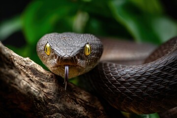 Obraz premium Close up of a venomous viper snake with yellow eyes on a branch