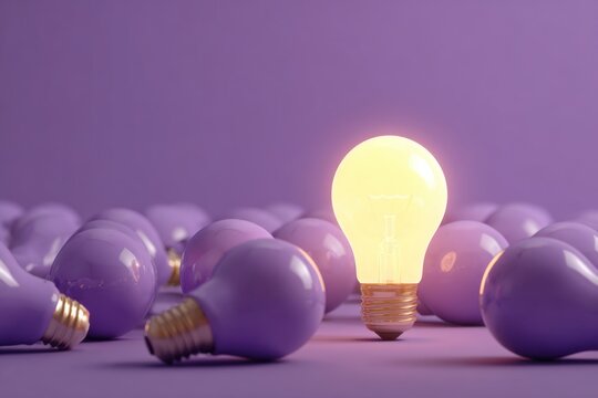 One glowing yellow light bulb standing out from the crowd of unlit bulbs, symbolizing creativity and innovation. Pastel purple background. Bright idea concept. Creative inspiration. Innovative notions - Powered by Adobe