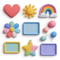 Cute 3D Pastel Icons with Heart, Balloons, Rainbow and Star on White Background