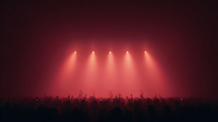 A panoramic scene of a music venue with an empty stage under glowing red spotlights. The crowd, dense and alive, stretches to the edge of the frame. Raised hands, dim silhouettes, and the soft glow