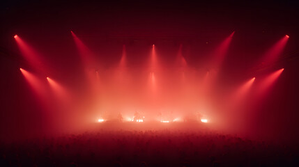 A wide-angle view of an empty concert stage bathed in deep red lighting, casting dramatic shadows across the equipment. The crowd surrounds the stage on all sides, packed shoulder to shoulder, faces