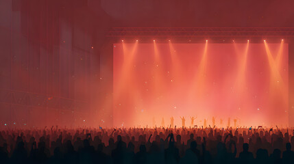 A panoramic scene of a music venue with an empty stage under glowing red spotlights. The crowd, dense and alive, stretches to the edge of the frame. Raised hands, dim silhouettes, and the soft glow