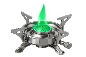 Portable camping stove emitting a green flame, ideal for cooking outdoors or in emergencies, isolated on transparent background