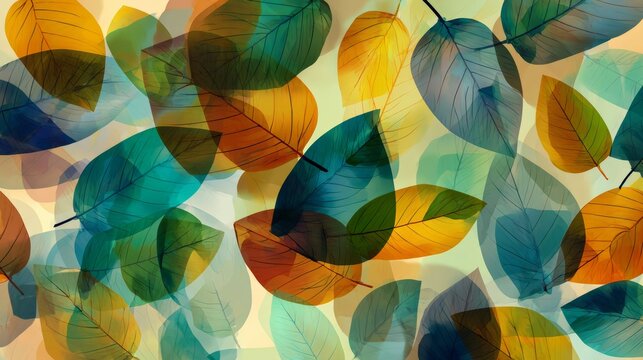 Seamless autumn pattern featuring colorful translucent leaves in warm tones, ideal for seasonal design projects, textile prints, wrapping paper, wallpapers, and fall-themed creative decorations