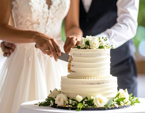 bride and groom cutting cake