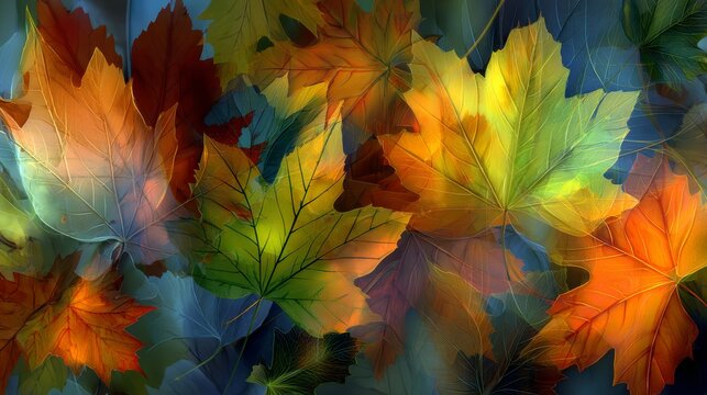 Seamless autumn pattern featuring colorful translucent leaves in warm tones, ideal for seasonal design projects, textile prints, wrapping paper, wallpapers, and fall-themed creative decorations