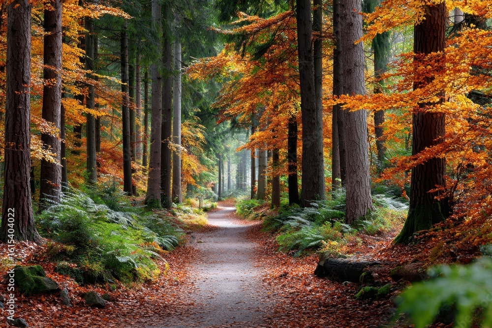 Poster vibrant autumn pathway surrounded by colorful trees in a serene forest setting