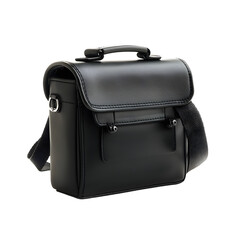 Professional Small Black Camera Bag with Shoulder Strap Isolated on White Background