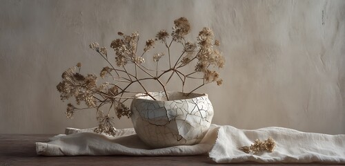 Wabi-sabi still life with cracked porcelain dried plant and linen base