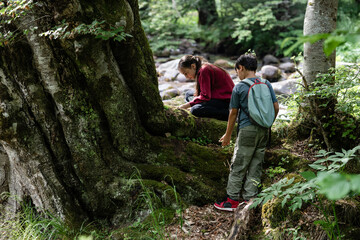 Obraz premium Young students exploring nature near a mossy tree by the river
