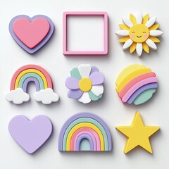 Cute Colorful Cartoon Shapes and Icons on White Background