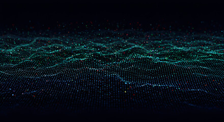 A futuristic digital wave of glowing multicolored particles forming an undulating data landscape with a shallow depth of field.