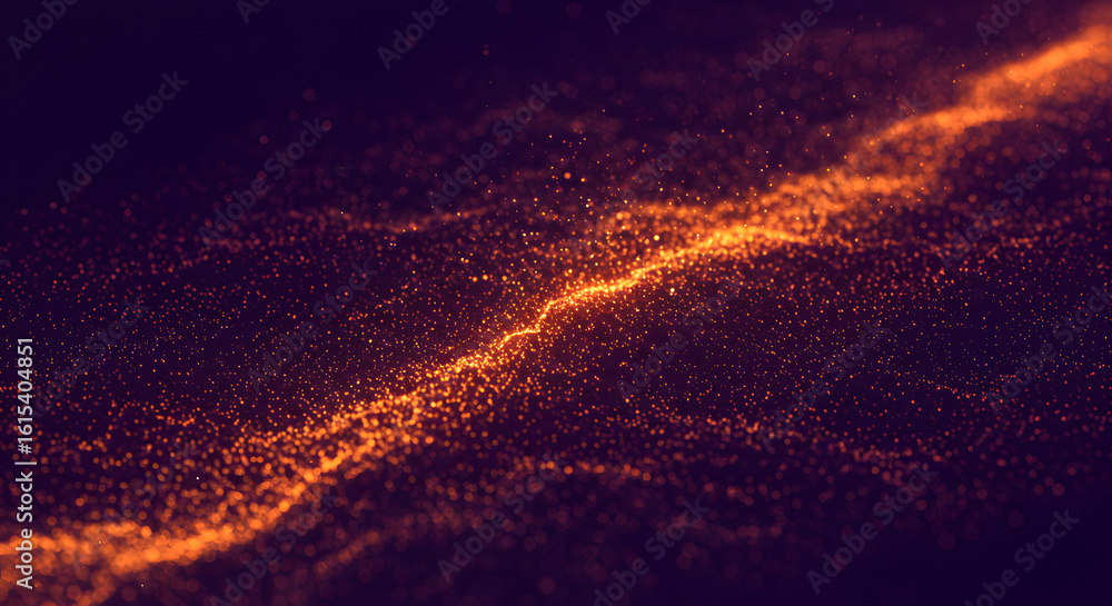 Poster a flowing digital wave of glowing orange and gold particles with a luminous core and soft bokeh.