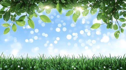 Image of lush green leaves and vibrant grass against a backdrop of a bright, clear sky.  The soft light and delicate details emphasize the freshness and beauty of nature.
