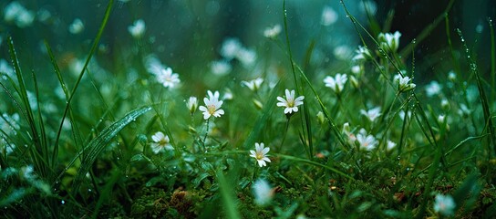 Delicate white flowers in a dewy grassy field