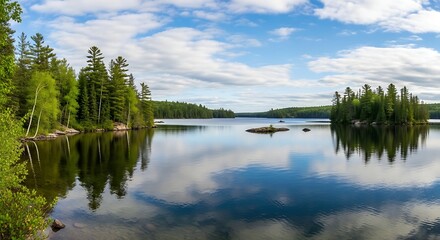 Fototapeta premium Picturesque lake scene with reflections of clouds and trees in the water serene landscape