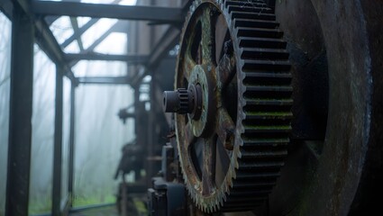 Fototapeta premium Industrial machinery gears and cogs in foggy setting heavy metal steel equipment old and abandoned site