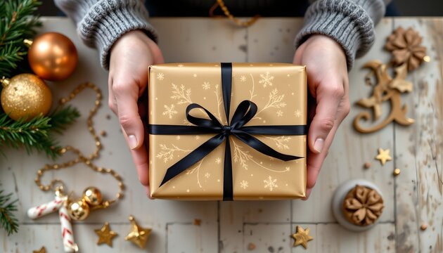 a person's hand is holding an unwrapped present with a gold gift bow, ready to be given