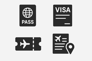 Travel and Tourism Icons Set: Passport, Ticket, Airplane, Globe