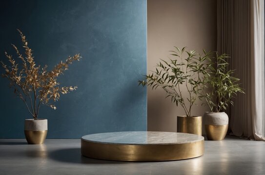 Elegant Product Display Podium with Natural Elements and Sophisticated Color Palette
