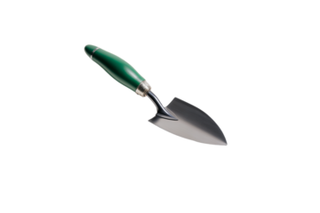a green handled trowe with a metal handle