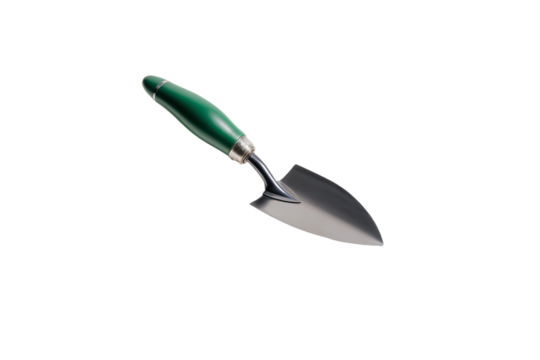 a green handled trowe with a metal handle