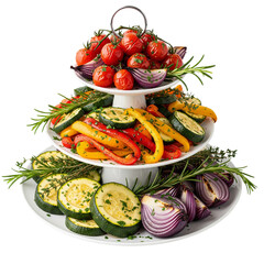 Tiered display of roasted vegetables and cherry tomatoes