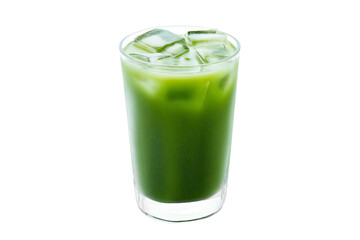 a glass of green juice with ice cubes