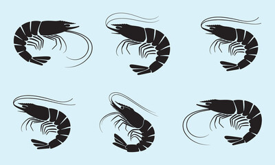 Collection of stylized shrimp silhouettes for seafood and culinary designs.
