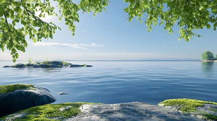 Serene view of a lake with rocks and foliage along the shore. Sunlight filters through the trees creating a calm and tranquil atmosphere.