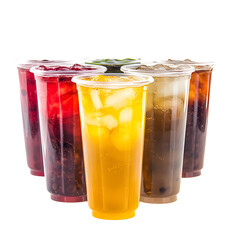Vibrant Bubble Tea Flavors in Clear Plastic Cups for Menu Design and Refreshing Drink Concepts