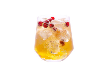 a glass of liquid with ice and raspberries