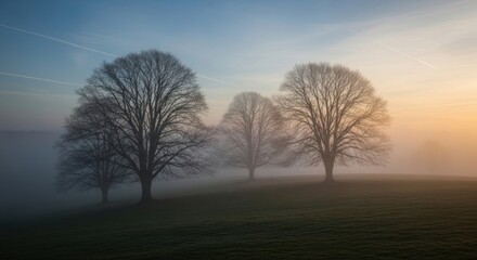 Misty Morning Trees in Golden Sunrise Light